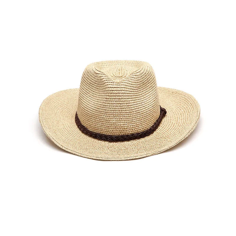 Men's foldable wide-brim straw sun hat in beige colour for summer outdoor use