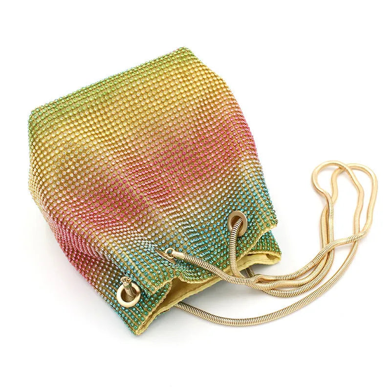 Rainbow coloured rhinestone sparkling soft fabric bucket bag with crossbody strap