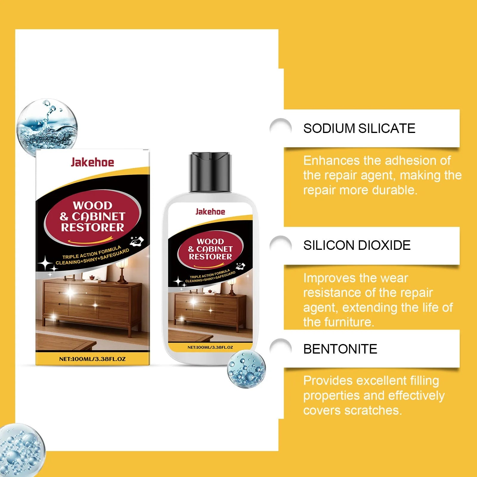 Wooden furniture scratch care kit showing 100ml polish bottle and 20x20cm microfiber towel for surface maintenance