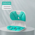 Memory foam backrest cushion with a securing strap shown in a grey colour on a chair.