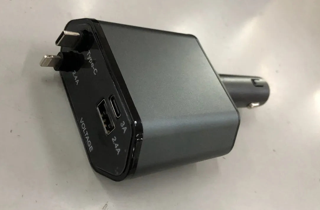 Automatic retractable car charger with four USB ports for fast charging in vehicle