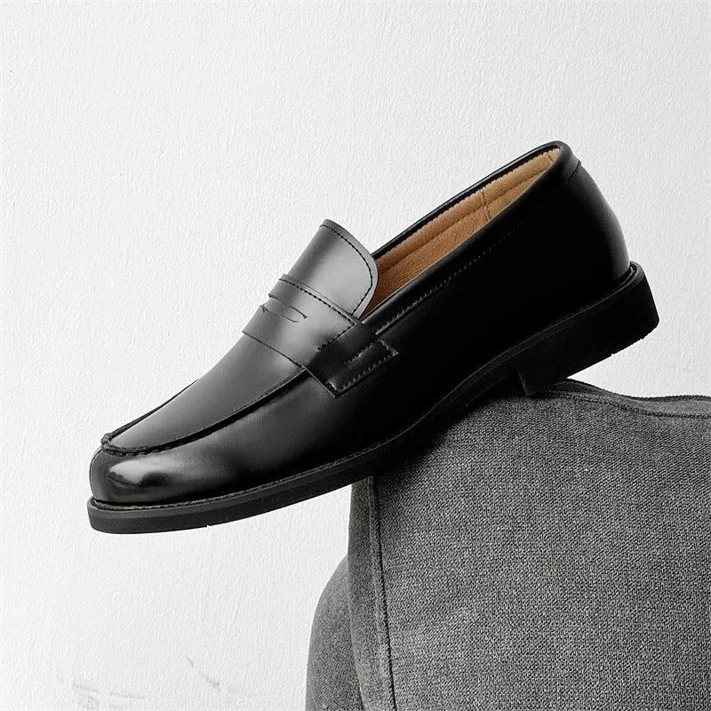 Men's classic black slip-on derby leather shoes with microfiber upper and rubber sole