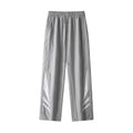 Men's grey straight-leg casual trousers with a stretch waistband on a hanger.
