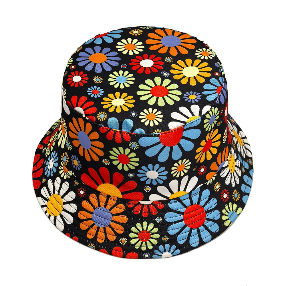 Floral print polyester bucket hat with dome crown in medium size 56-58cm