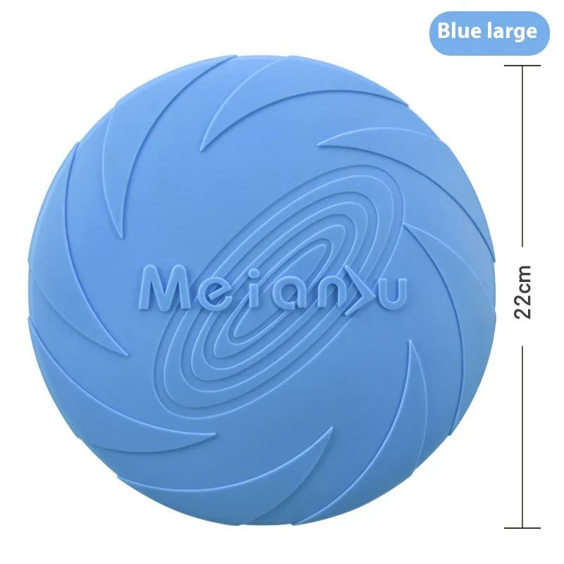 Soft rubber dog frisbee in red, blue, or green colours in small, medium, or large sizes