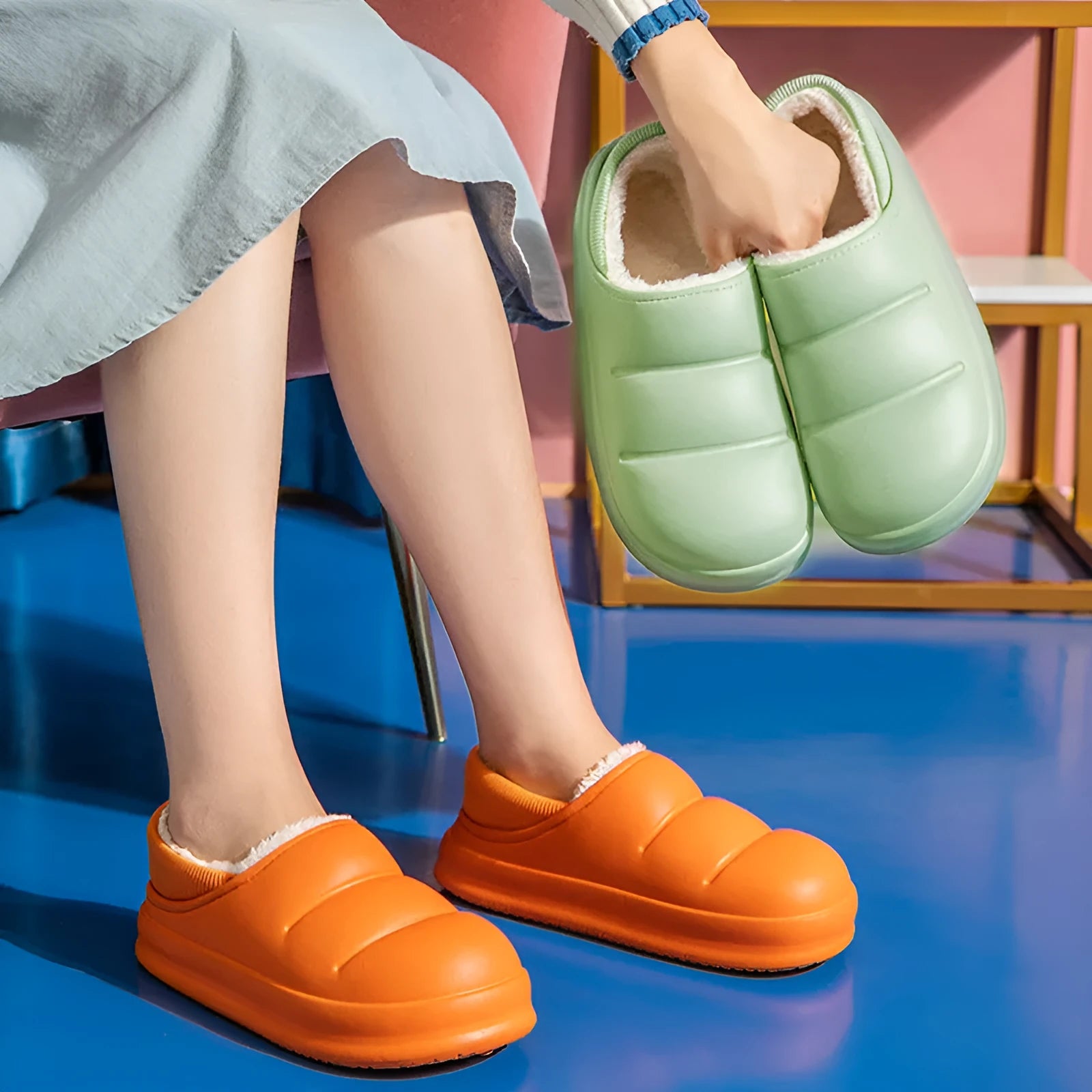 Waterproof couple cotton slippers in EVA material with non-slip sole and plush lining