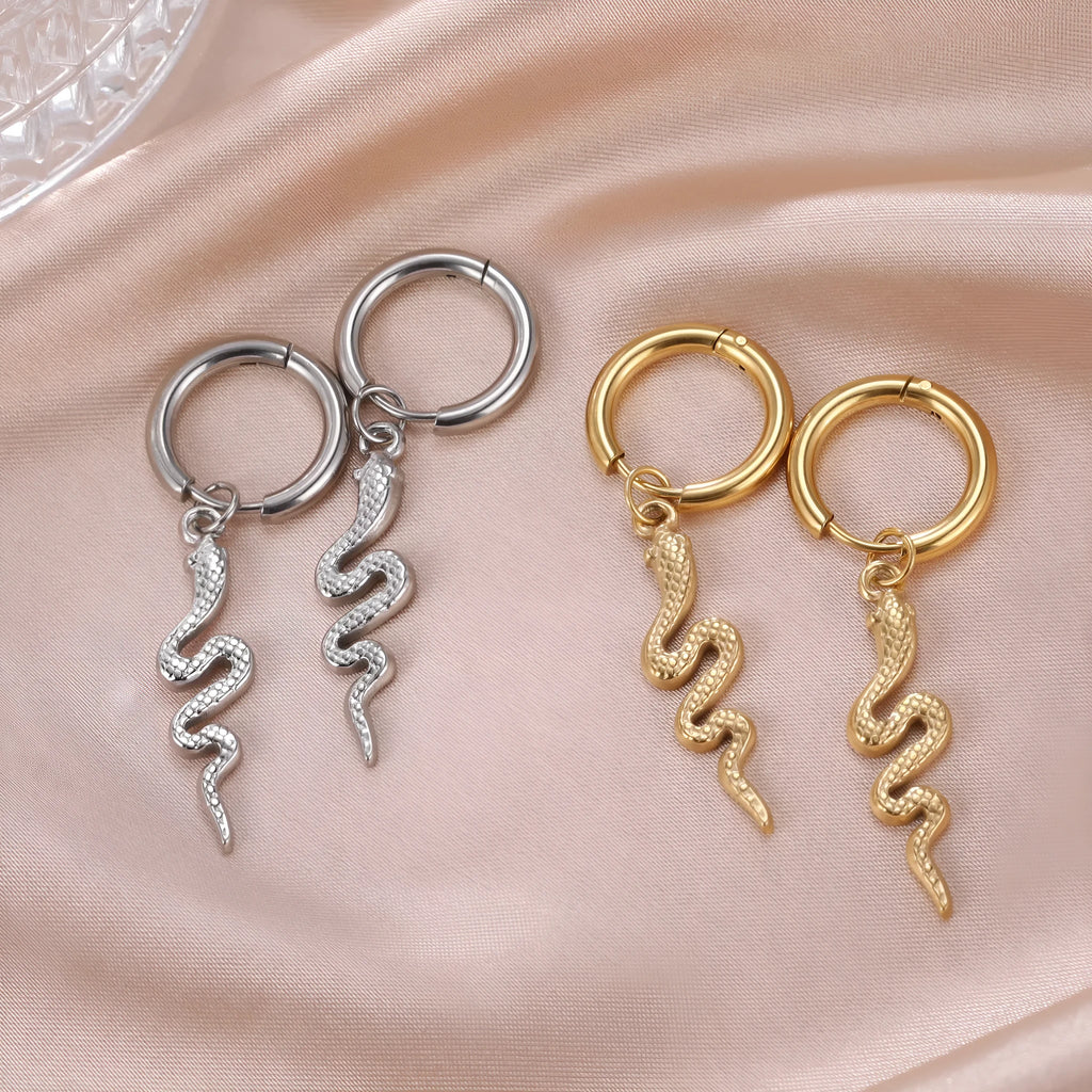 Stainless steel snake vintage earrings with gold electroplating and clip-on fastening