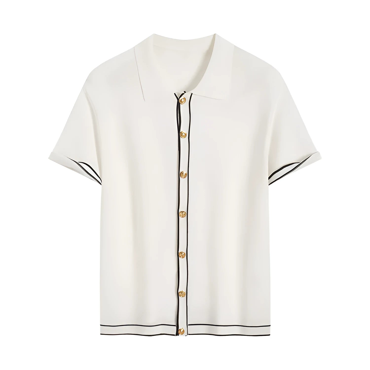 White short-sleeved cardigan with dark contrast lapels laid flat.