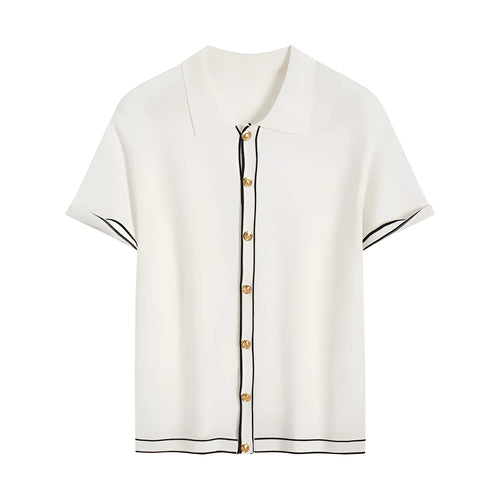 White short-sleeved cardigan with dark contrast lapels laid flat.