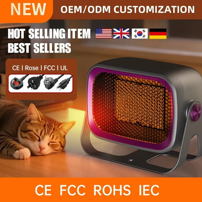 Desktop ceramic heater in white colour with adjustable power settings and two fan speed modes