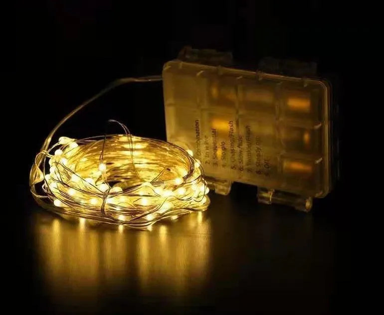 12 metre copper wire LED string lights with battery box and USB power option in various colours