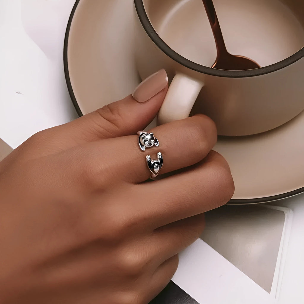 Adjustable sterling silver panda open ring bracelet with white gold plating