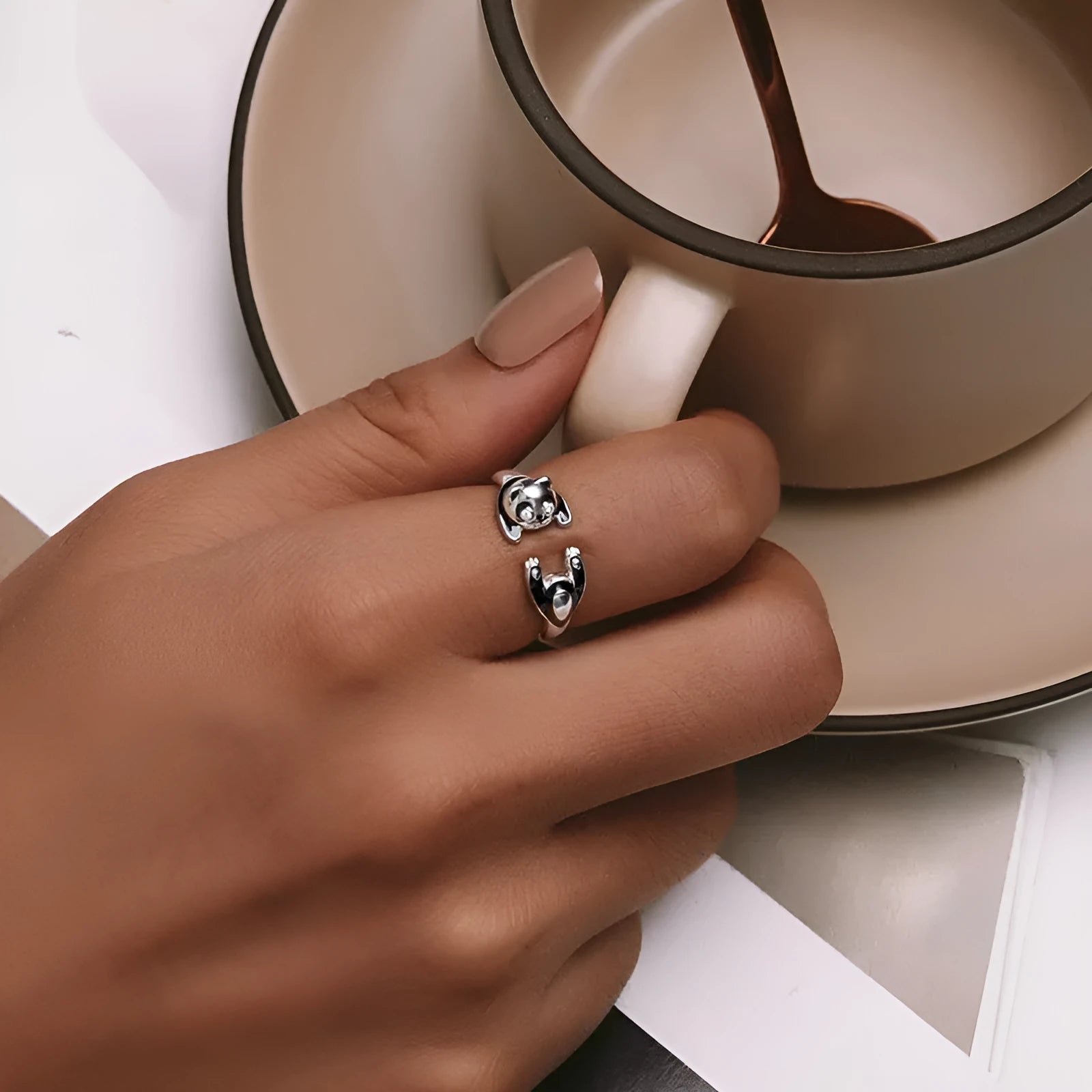 Adjustable sterling silver panda open ring bracelet with white gold plating
