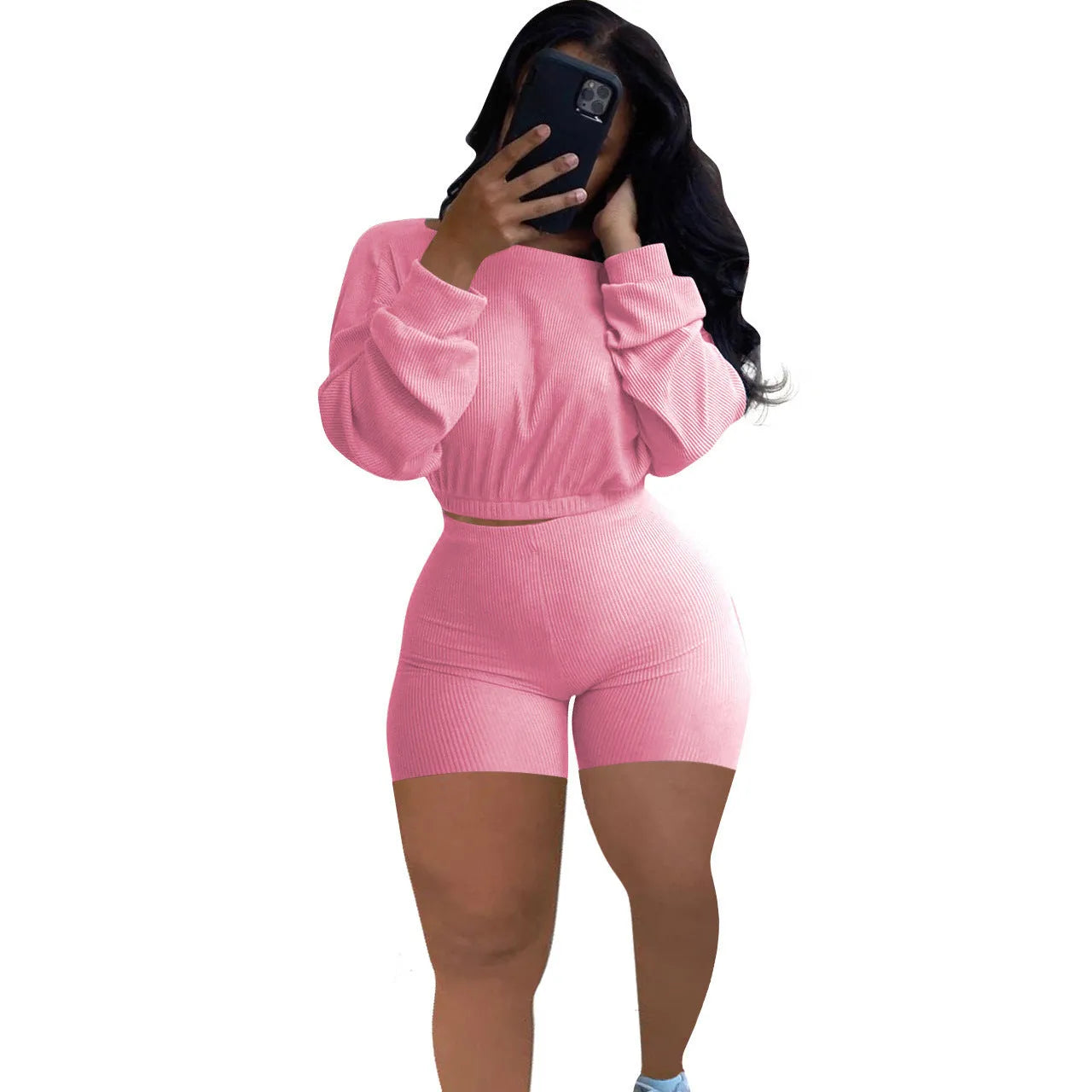 Women's off-shoulder top and matching shorts two-piece set in solid colour with sunken stripe pattern