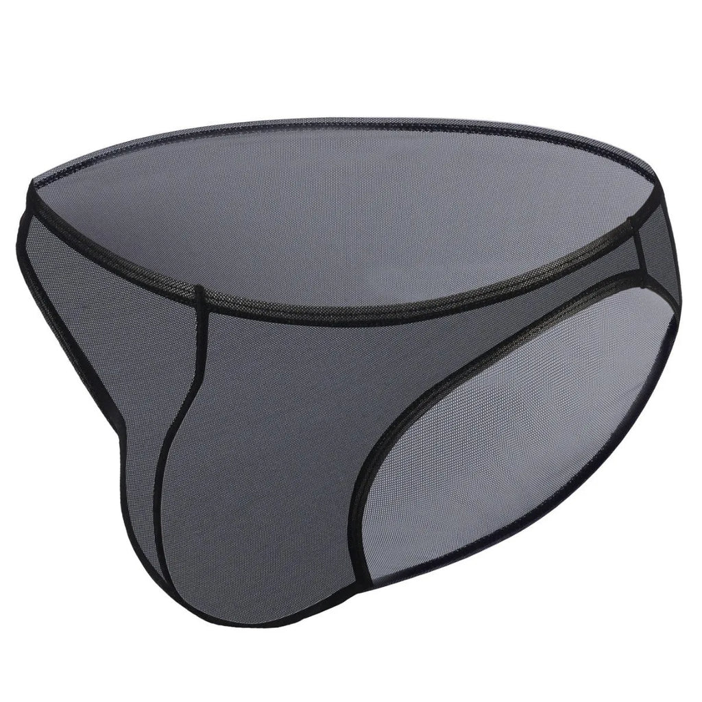 Men's black ice silk low-waist triangle briefs on a white background