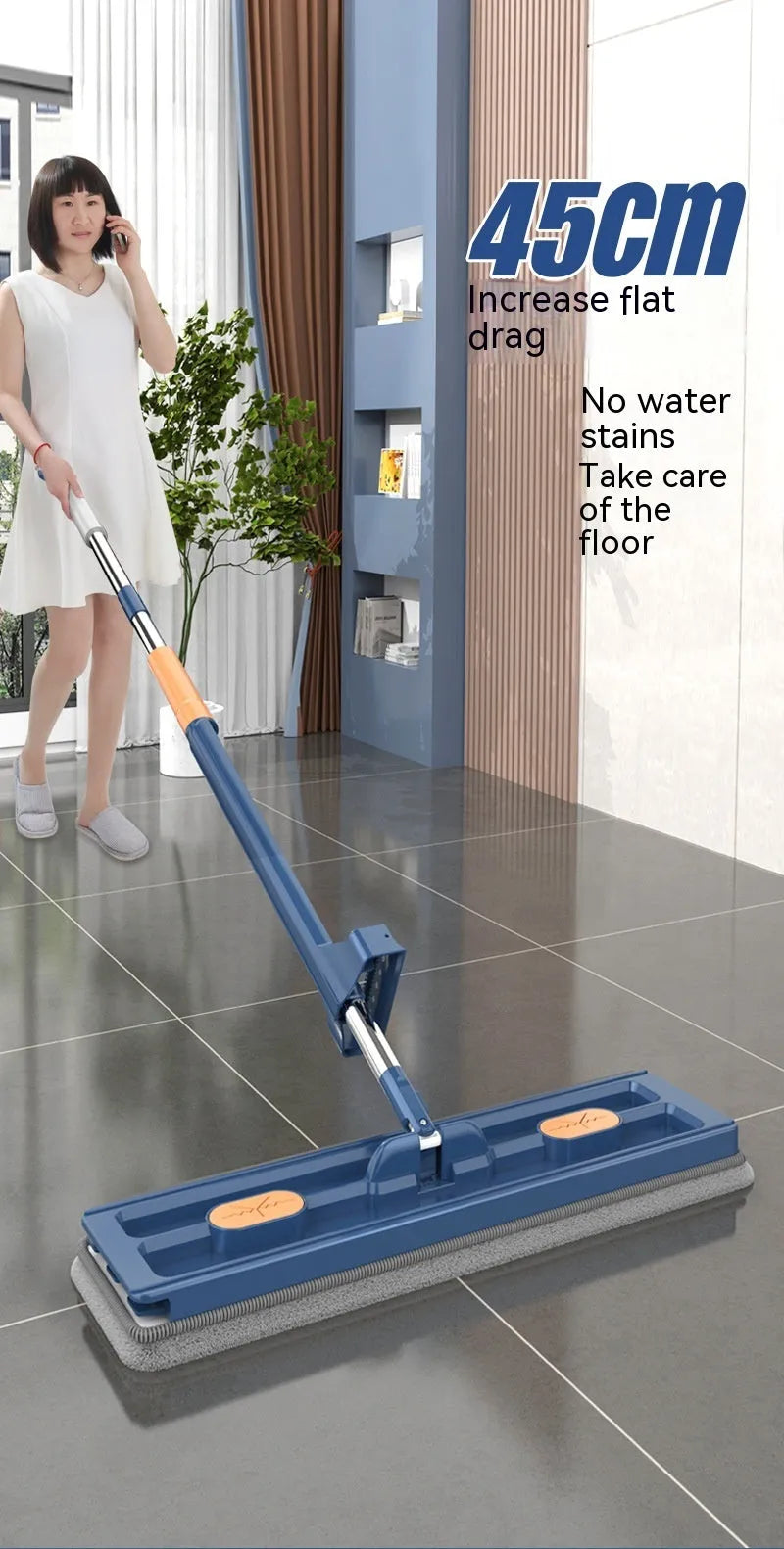 Large flat mop with 360 rotating head and stainless steel extended handle for home floor cleaning