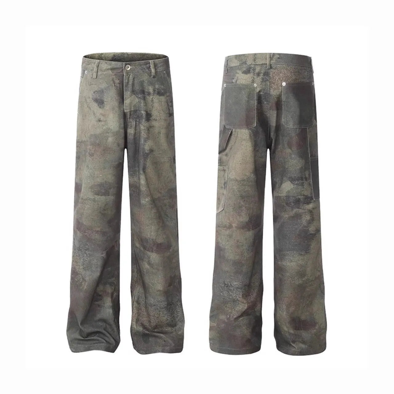 Retro digital camouflage straight leg jeans for men in cotton denim with medium waist