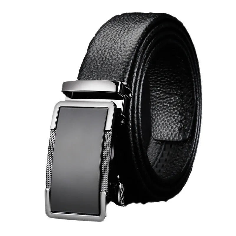 Men's leather automatic buckle belt in gun black, silver, and gold colour options on a white background