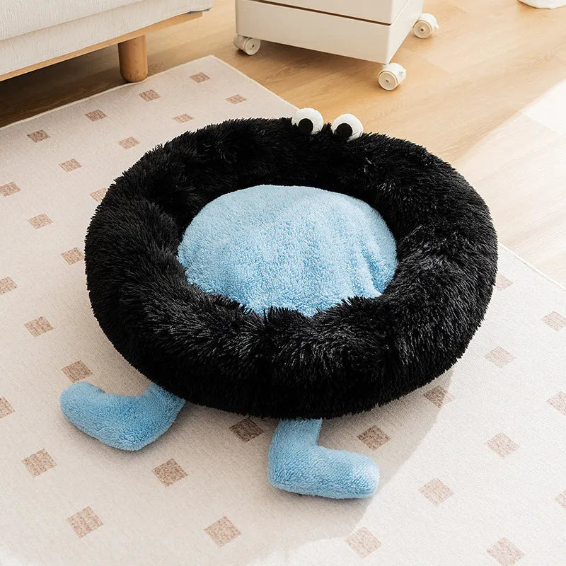 Elf Briquettes plush pet bed in blue, pink or yellow with raised edges for dogs and cats