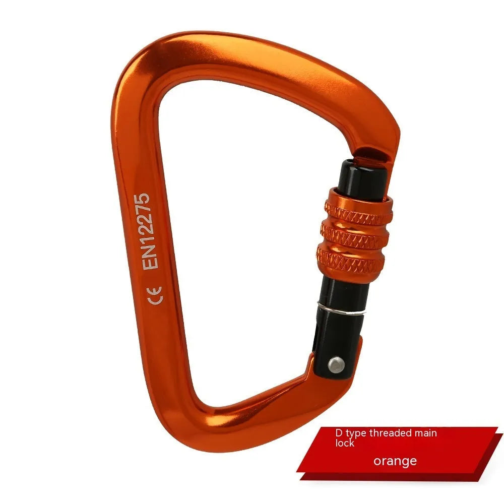 D-shaped climbing carabiner lock with automatic or threaded gate in colours: black, blue, orange, red, silver red.