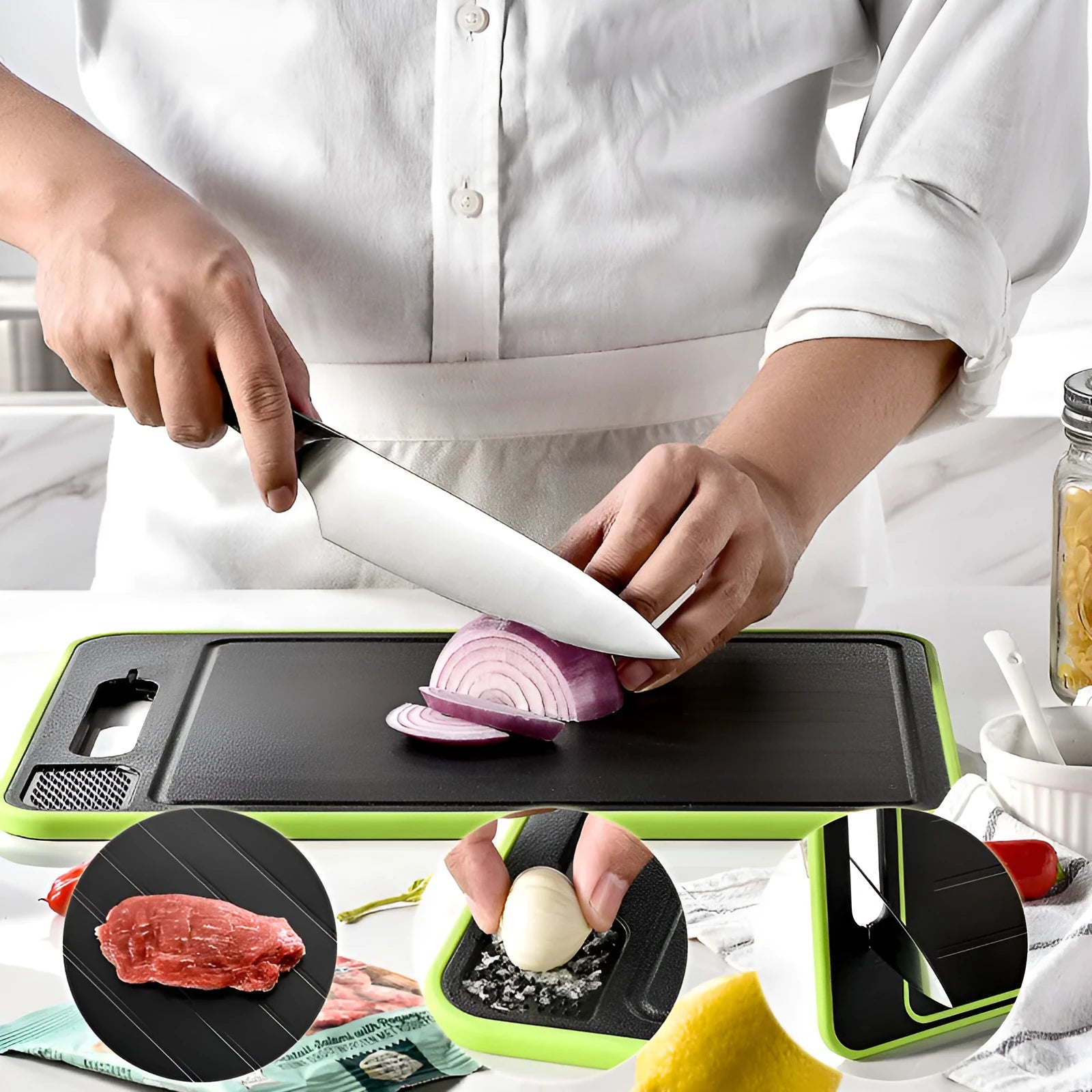 Square grey aluminium double-sided cutting board with defrosting function, built-in knife sharpener, and grinding teeth for garlic prep