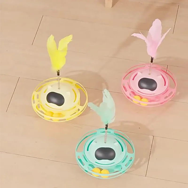 Pink cat toy tumbler turntable with self-hi motion and push lever for interactive pet play