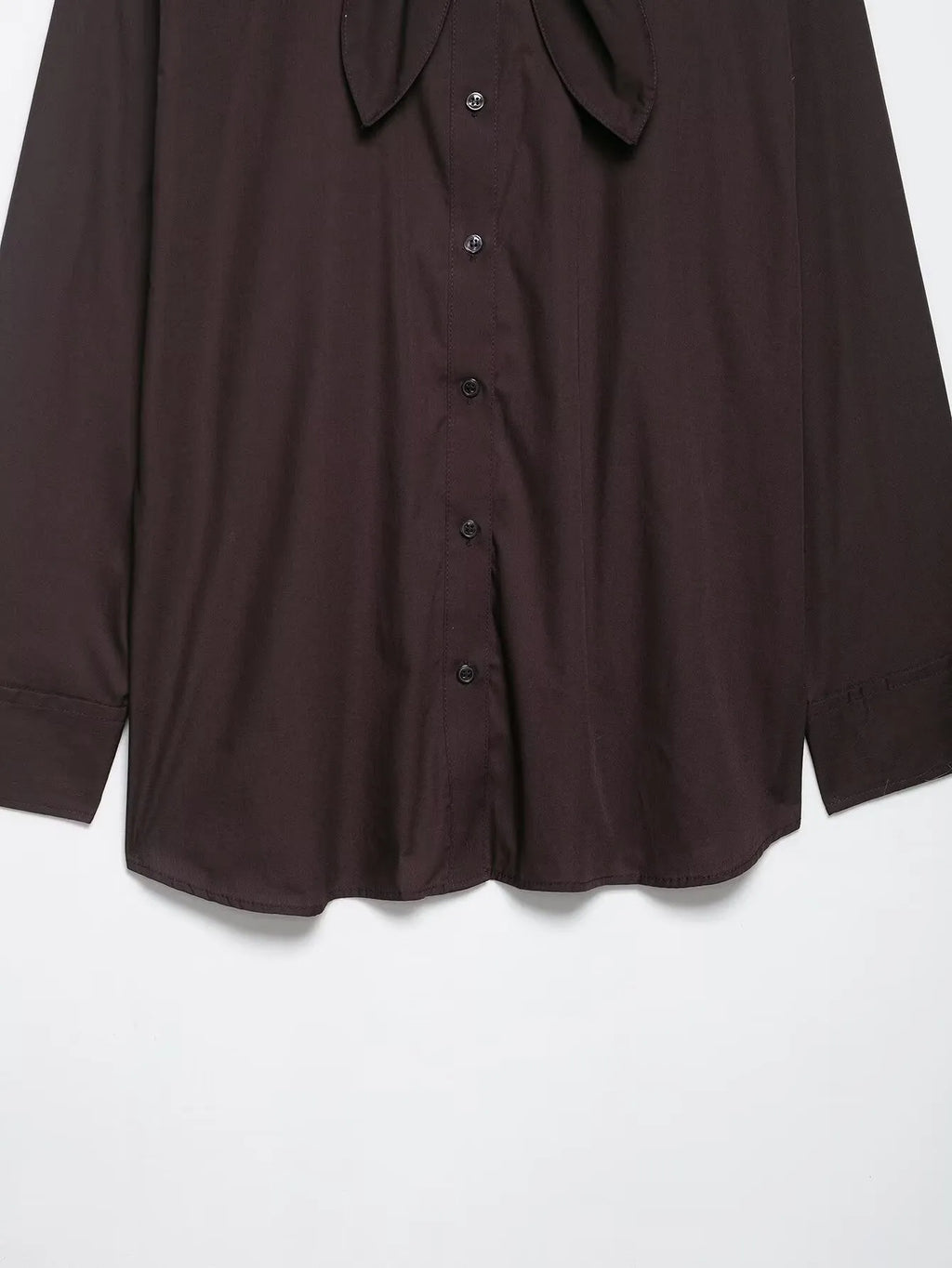 Brown women's poplin shirt with bow tie scarf, loose fit design