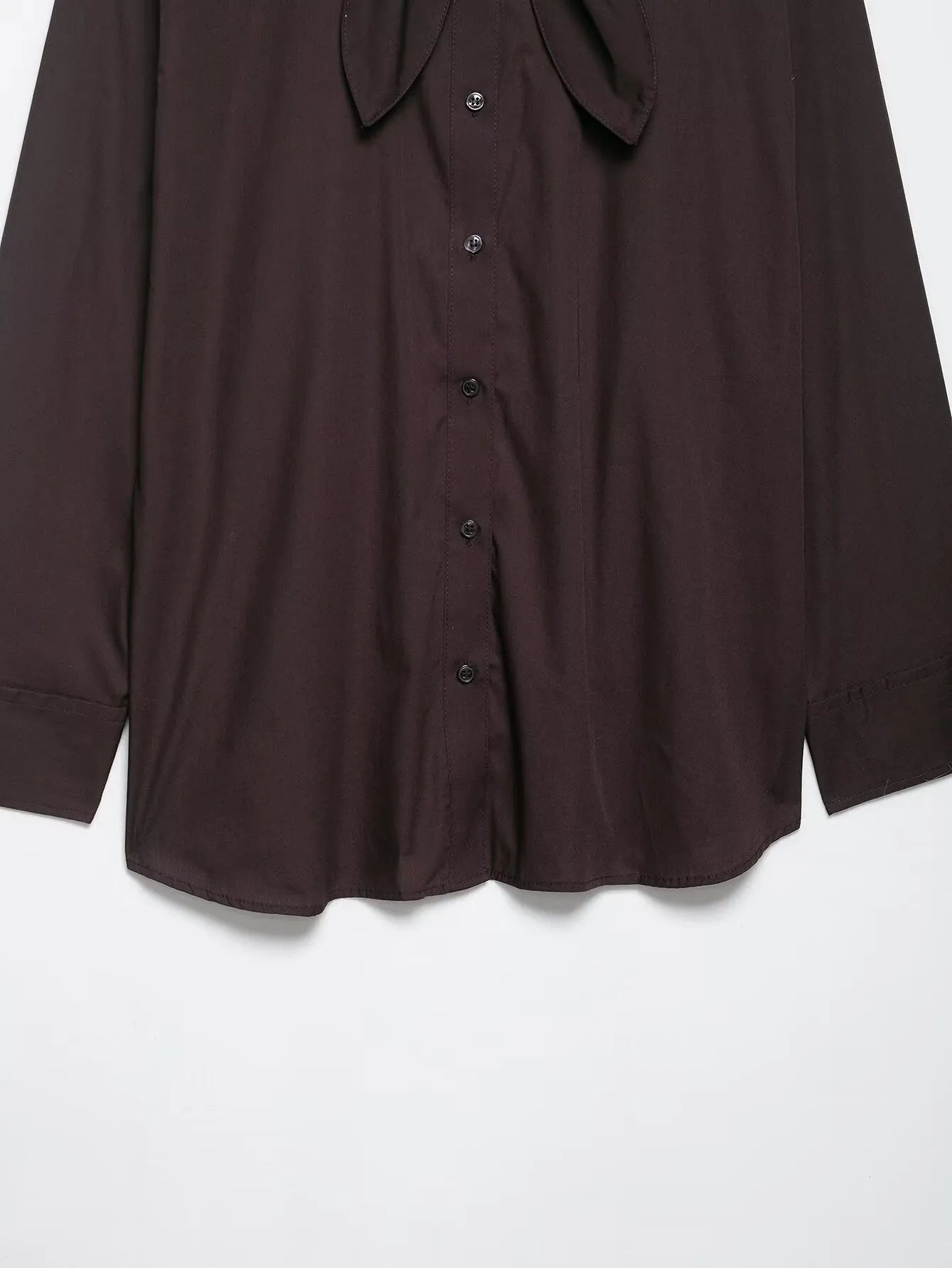 Brown women's poplin shirt with bow tie scarf, loose fit design
