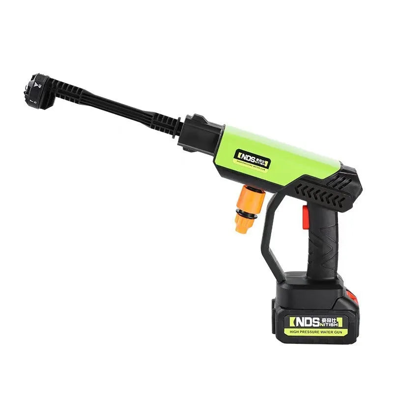 Wireless high-pressure water gun in green colour with six-in-one nozzle and accessories for household cleaning