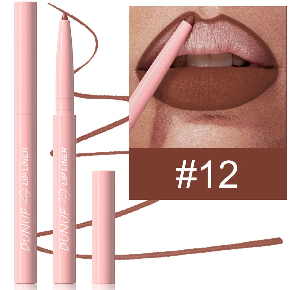 Velvet matte lip liner pencil in one of 12 available shades on a white background.