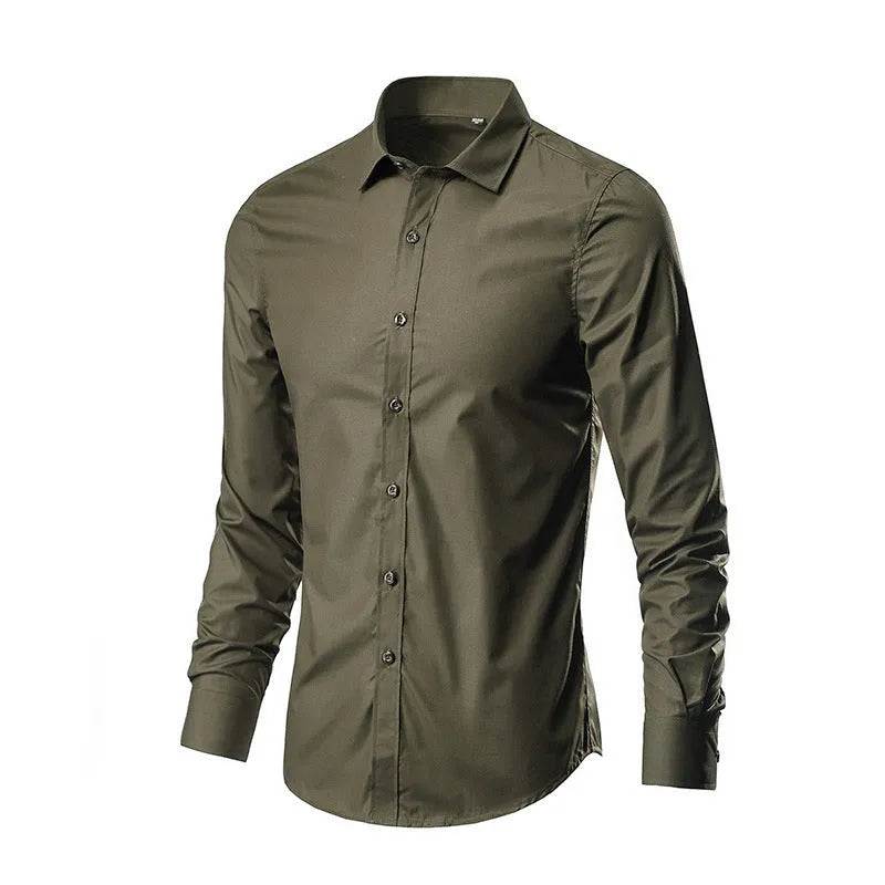 Man wearing a linen long sleeve slim fit shirt in a choice of 18 colours, showing the relaxed fit and sleeve detail.