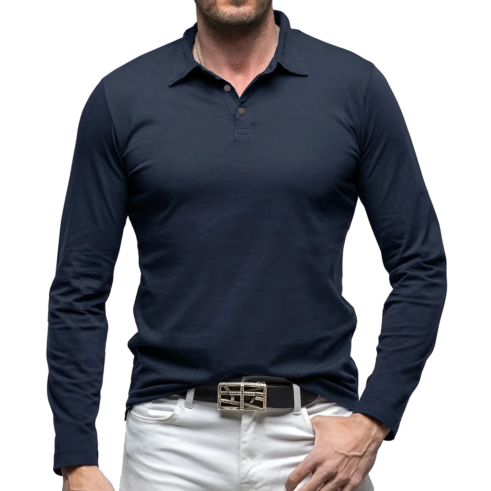 Men's polo collar long sleeve cotton T-shirt in American retro style, shown in dark grey.