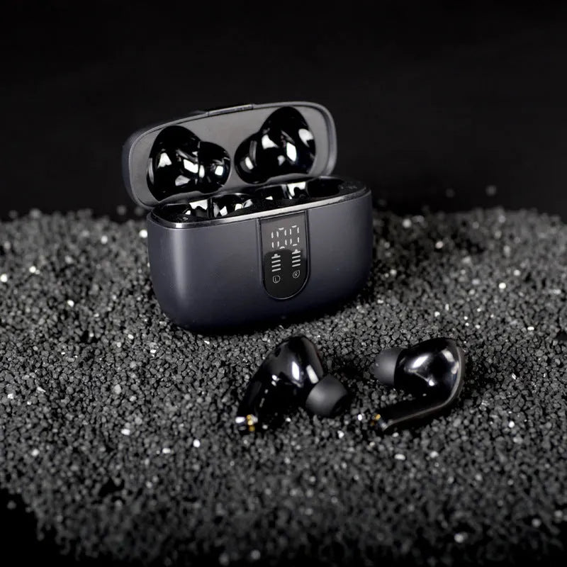 Jerry X08 wireless Bluetooth in-ear headset with digital display and USB charging case in Black, Grey, or White colours