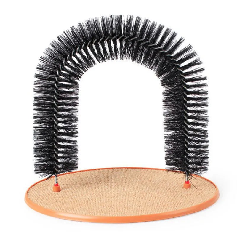 Arched plastic cat grooming toy with built-in brush bristles for scratching and rubbing.