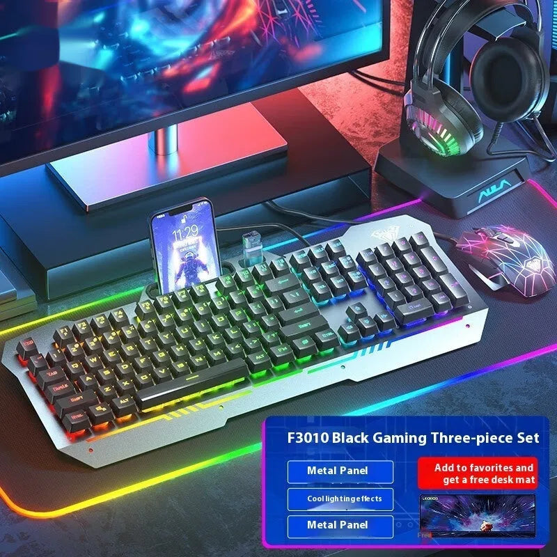 F3010 black and white metal gaming keyboard, mouse, and headset bundle with single-colour LED backlighting.