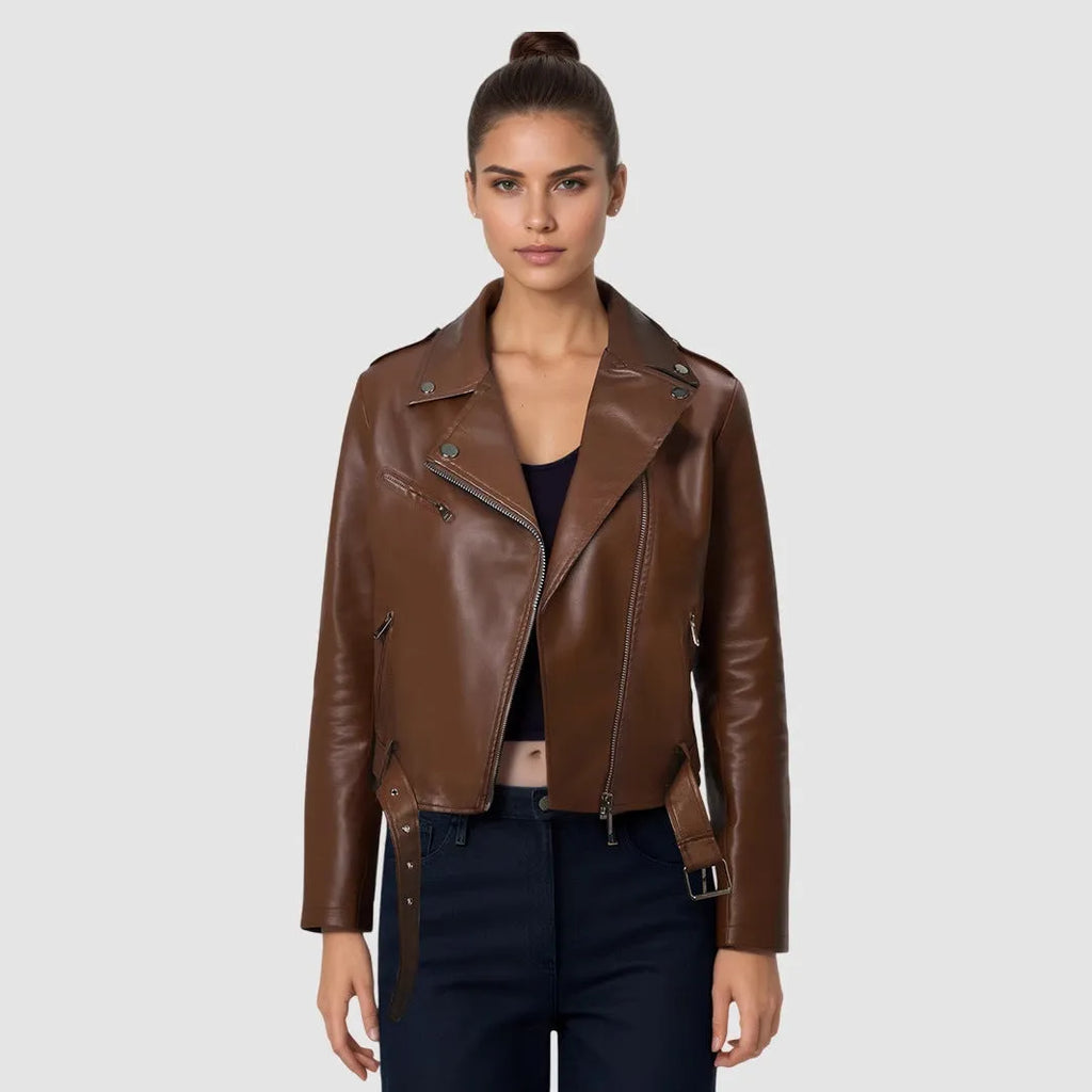 Women's black PU leather jacket with lapel short belt in street fashion style