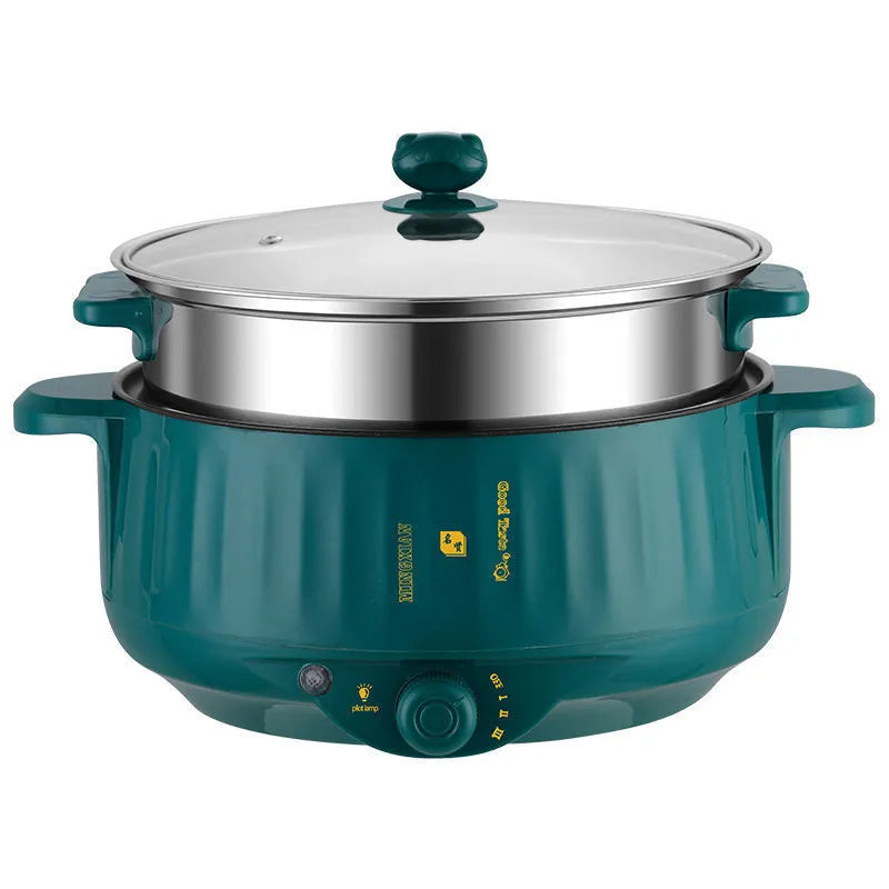 Non-stick electric hot pot with integrated heating element in stainless steel body, available in multiple sizes