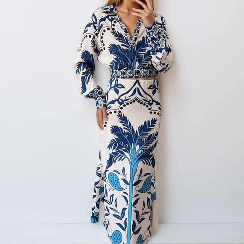 Women's casual polyester two-piece outfit set with long sleeves and matching skirt in picture colour