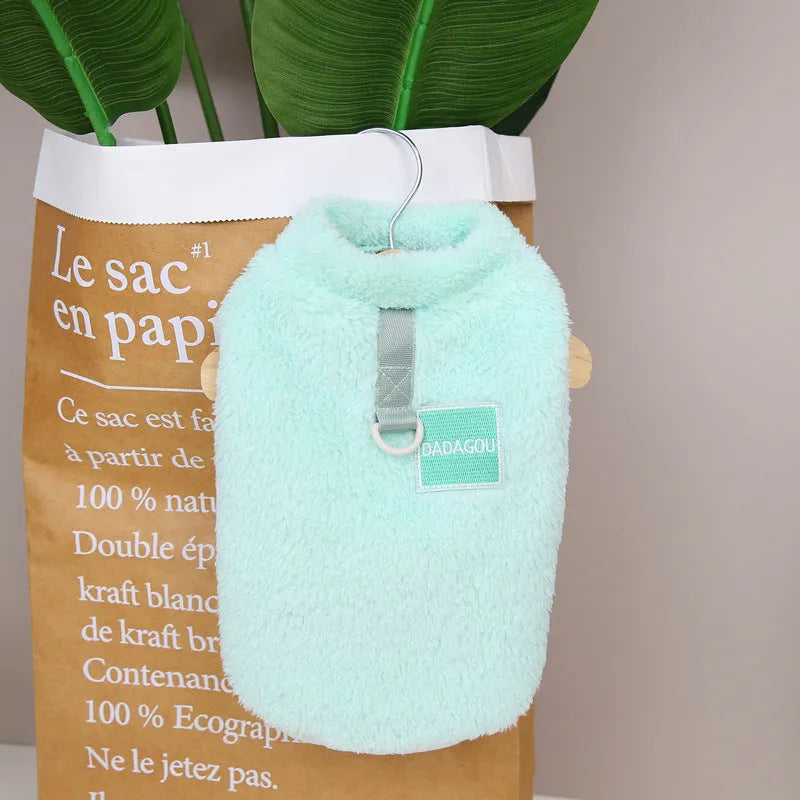 Coral fleece pet jacket with colourful pull rings in blue colour option