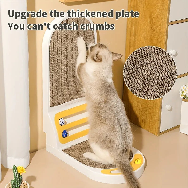 Grey L-shaped vertical cat scratching board with sisal rope, showing tall post and stable base.