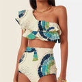 White women's one-shoulder swimsuit with double-layer lotus leaf design and split bikini style