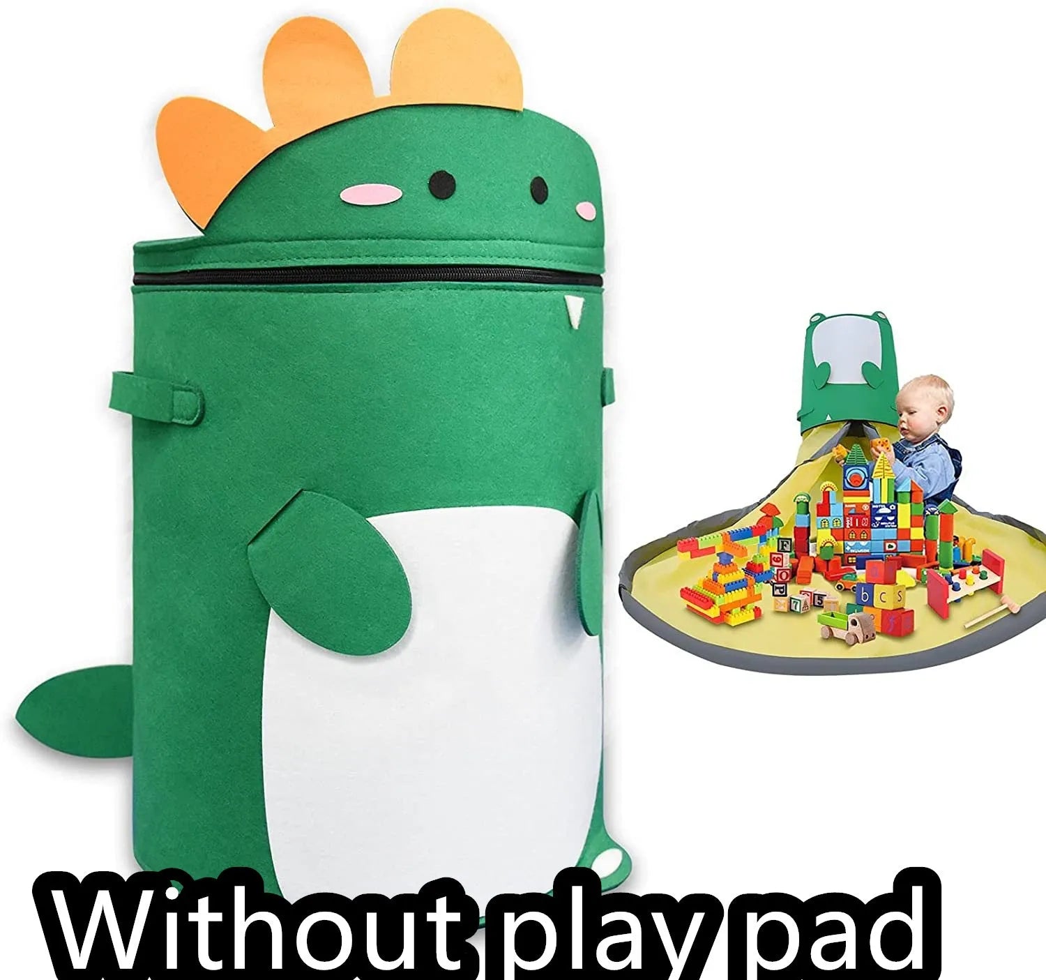 Green felt cube storage bag with a pull rope, laid flat as a play mat.