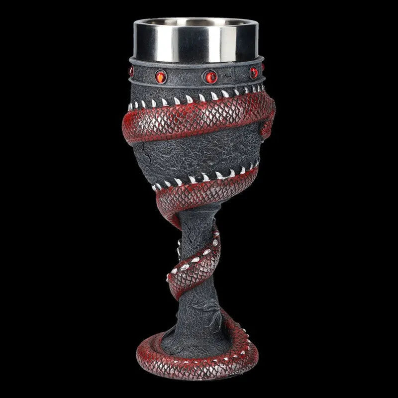 Red wine glass with Chinese dragon 3D design in stainless steel and resin, gold or red finish
