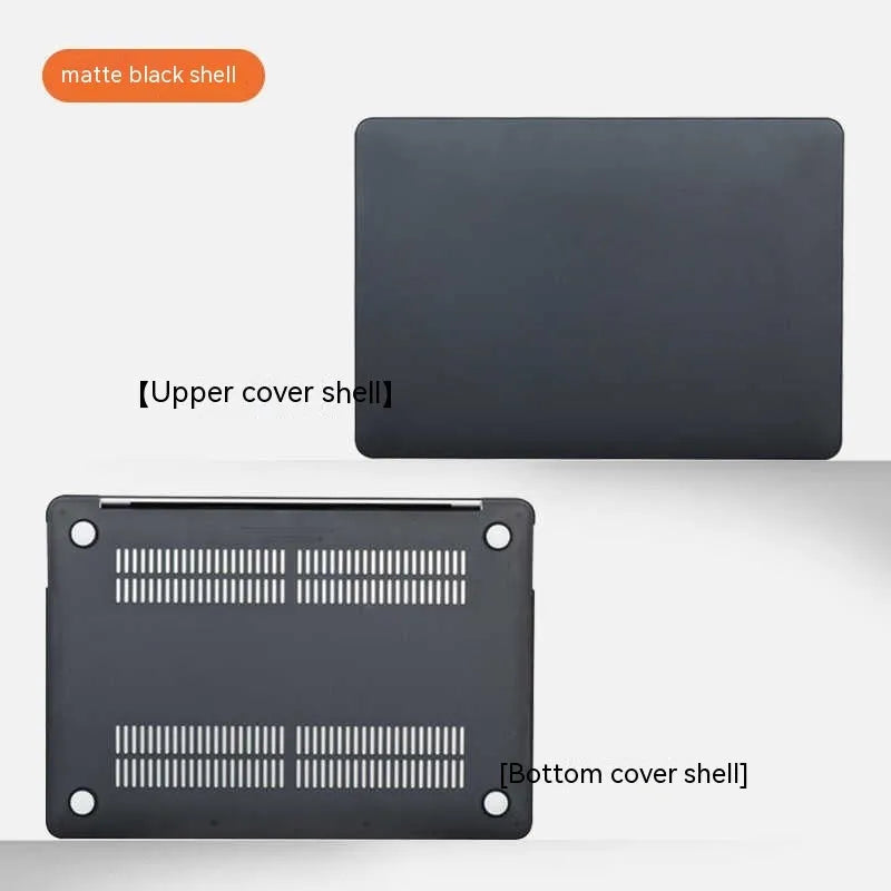 Hard plastic protective case fitted on a silver MacBook Pro laptop, showing clear transparent finish.