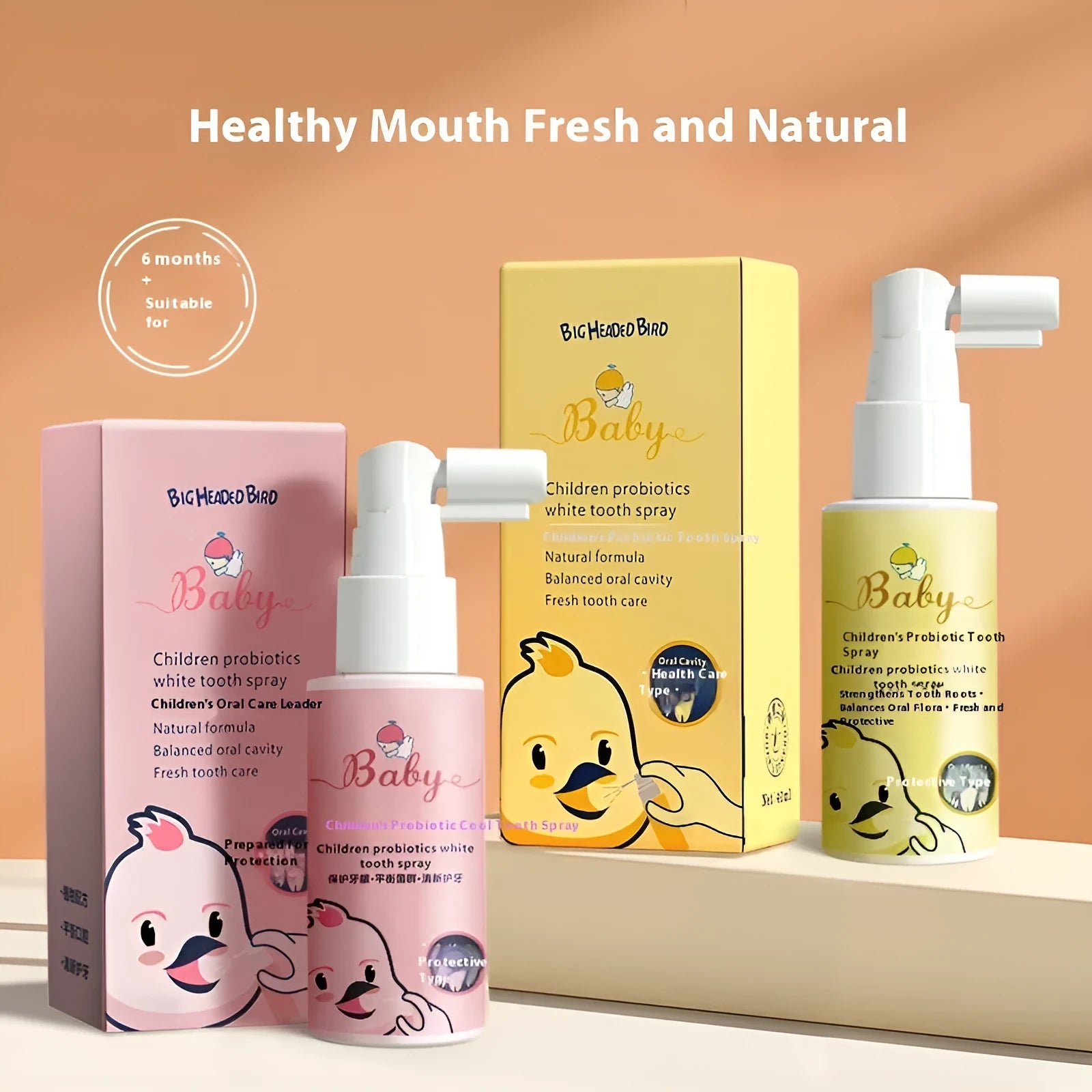 Children's probiotic white teeth cleaning spray in strawberry and orange flavours, 40ml bottle