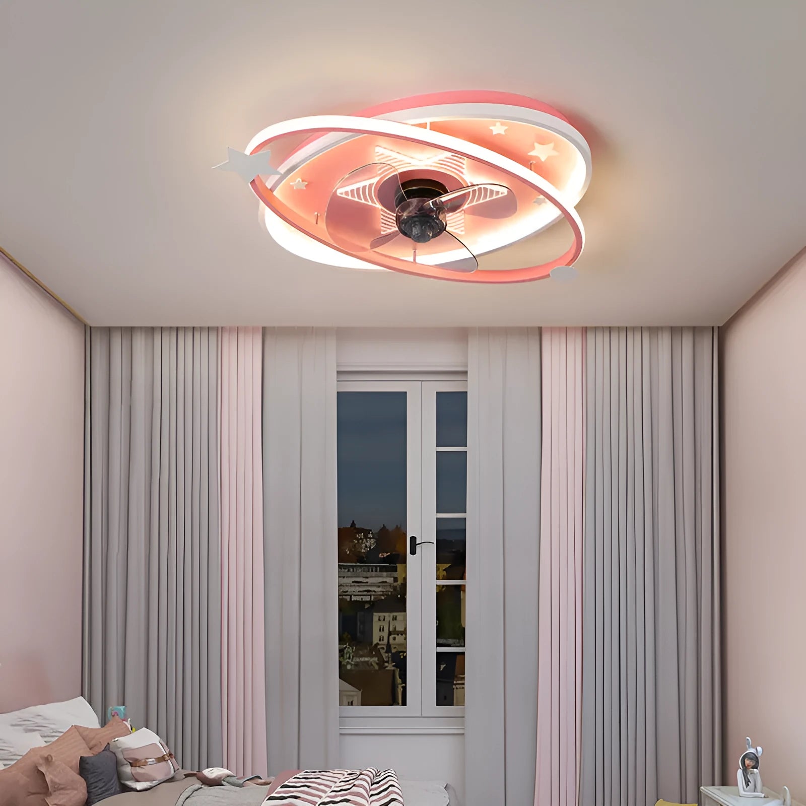 Modern children's bedroom ceiling fan chandelier with LED light and remote control in blue or pink finish