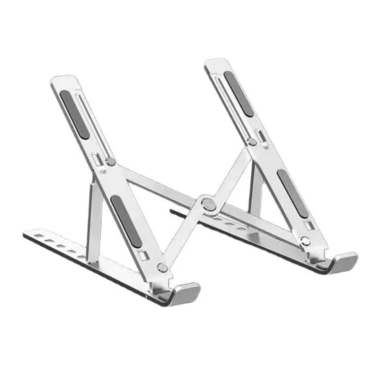 Silver aluminum alloy folding laptop stand supporting a large 18 inch notebook on a desk