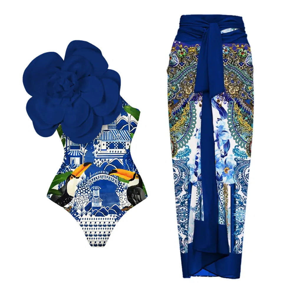 One-piece floral swimsuit on a hanger with optional matching skirt, showing European and American fit.