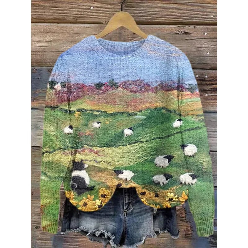 Women's lilac floral printed round neck sweater on a hanger showing the knitted texture.