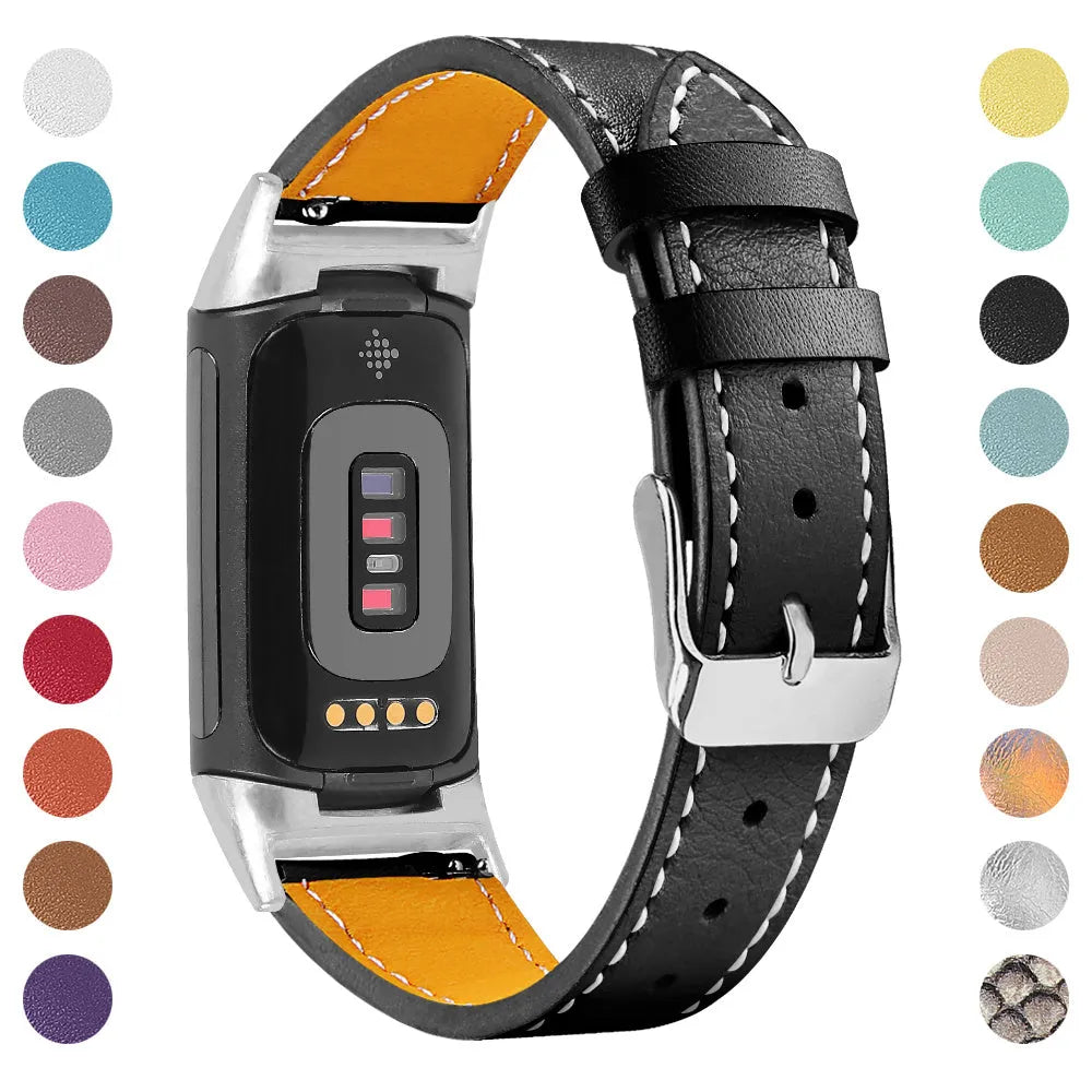 Genuine cowhide leather strap for Fitbit Charge 5 and Charge 6 smartwatch in multiple colour options.
